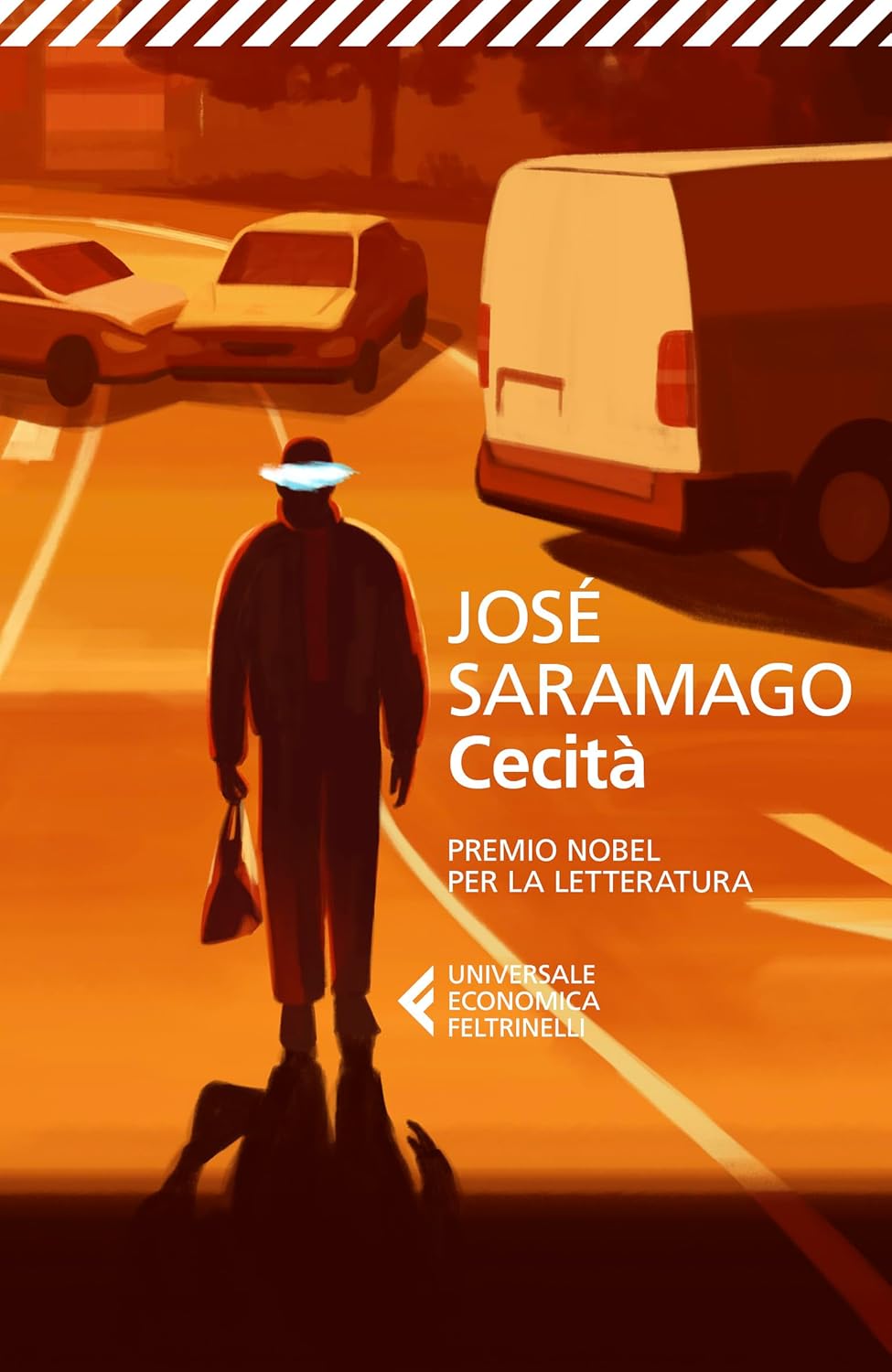 Cecità di José Saramago- copertina: uomo in strada con in mano qualcosa