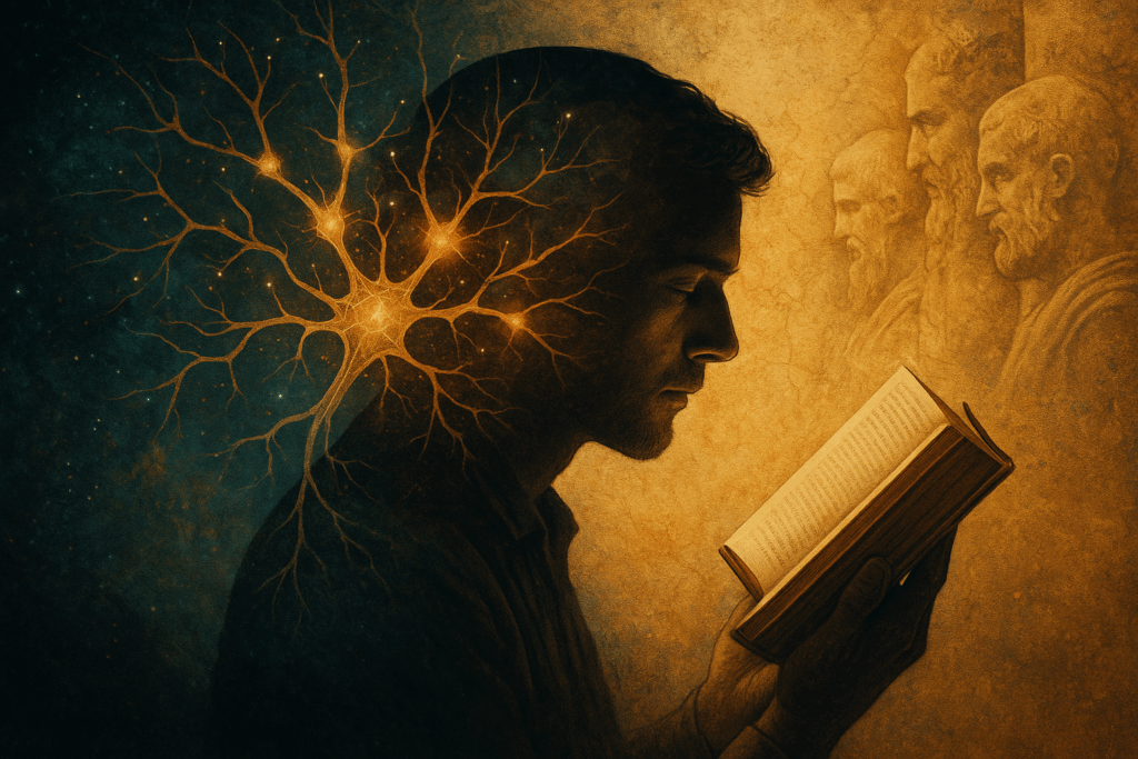 un uomo contemporaneo che legge un libro. sulla destra, sfumati i volti di antichi autori, a sinistra un immagine sovrapposta che evoca l'attività sinaptica nel cervello del lettore
