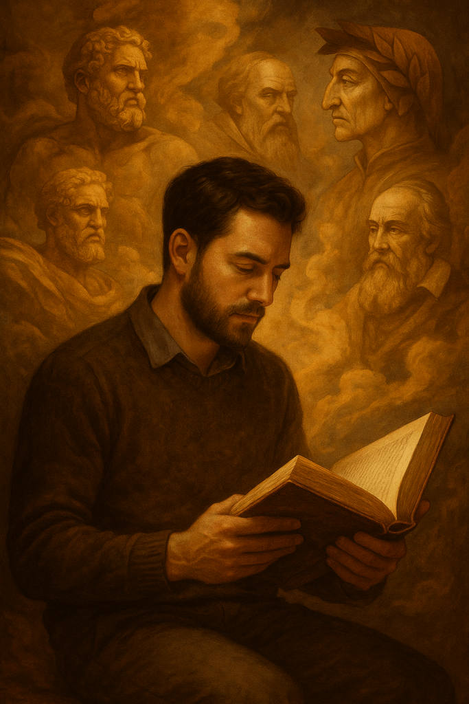 un uomo mentre legge un libro. sullo sfondo, sfumati, i volti di grandi autori del passato