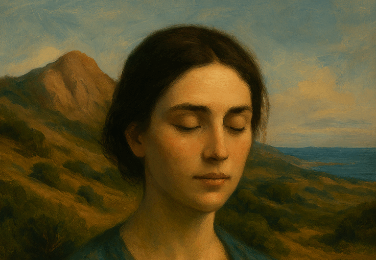 Illustrazione simbolica: una figura femminile che emerge da un paesaggio sardo, in uno stile pittorico evocativo.