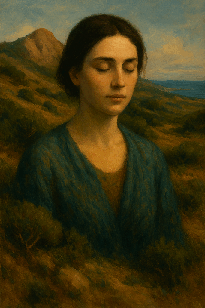 Illustrazione simbolica: una figura femminile che emerge da un paesaggio sardo, in uno stile pittorico evocativo.