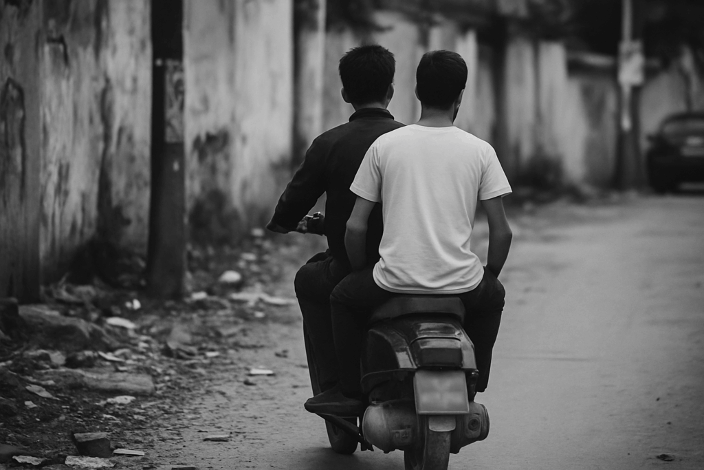 foto in bianco e nero due giovani uomini su uno scooter si allontanano in un ambiente degradato di periferia