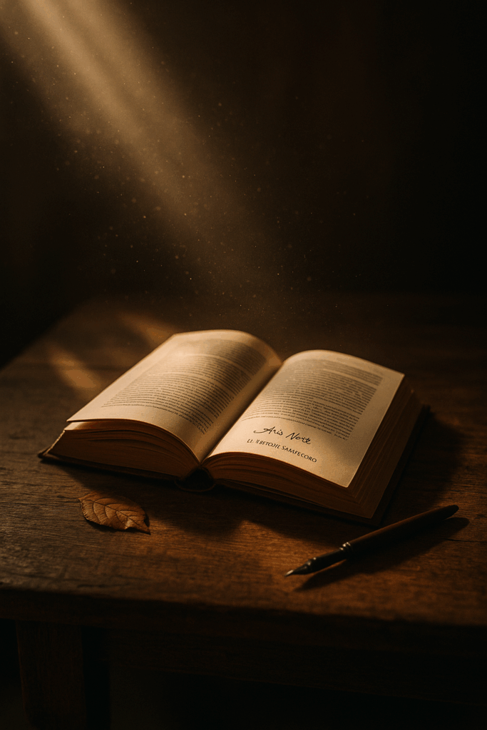 un libro aperto su un tavolo di legno, ambiente oscuro, illuminato da raggi di luce che penetrano da una finestra, accanto al libro una penna stilografica e una foglia