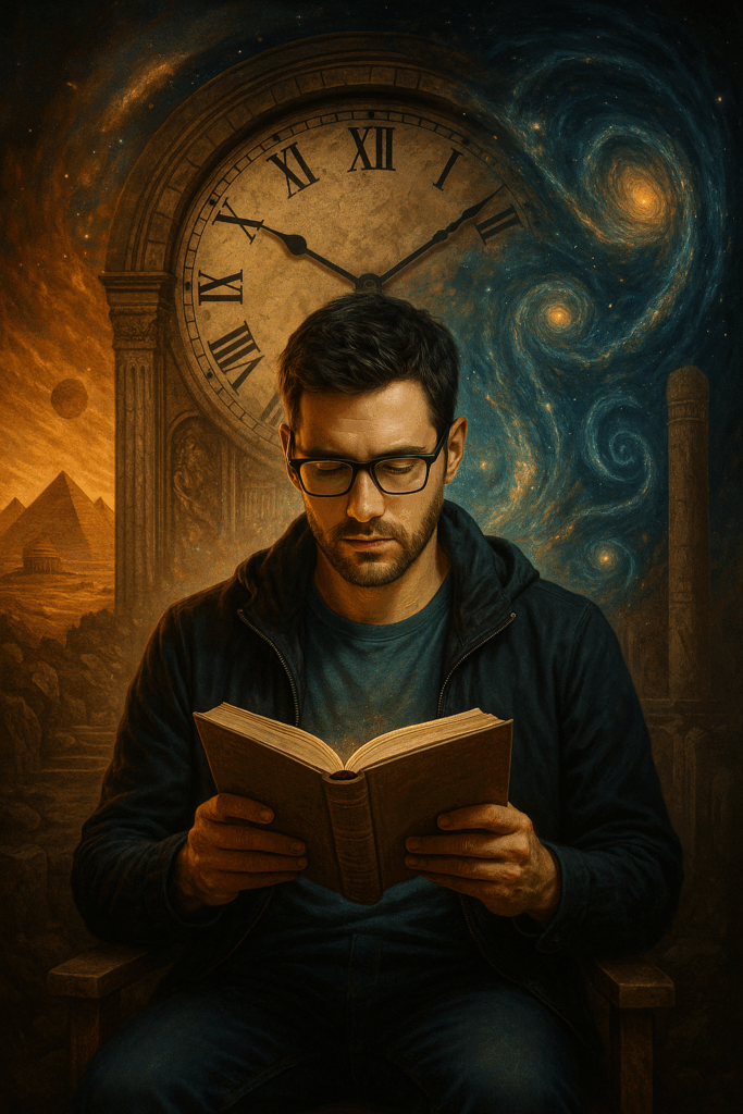 un giovane uomo che legge, alle sue spalle un grande orologio evoca il tempo. Riferimenti lontani, galassie, piramidi