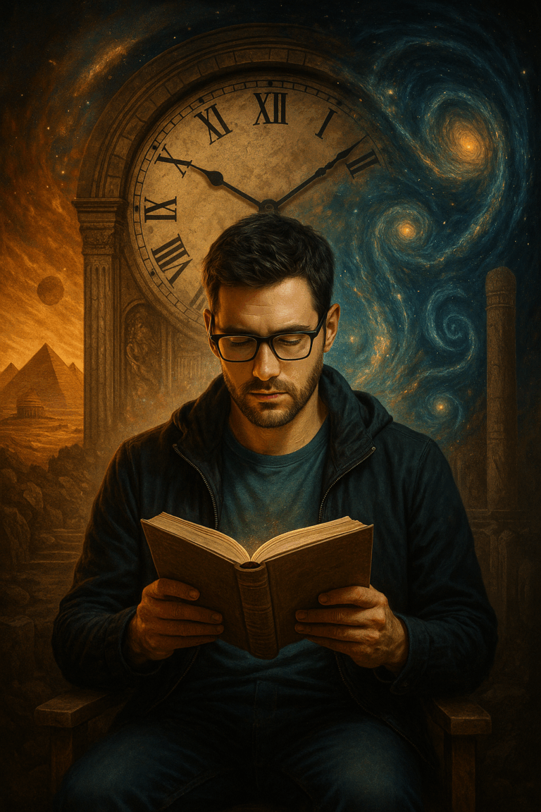 un giovane uomo che legge, alle sue spalle un grande orologio evoca il tempo. Riferimenti lontani, galassie, piramidi