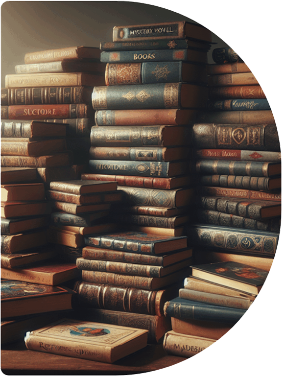 Chi siamo: pile di libri sul tavolo immagine a mezza luna destra