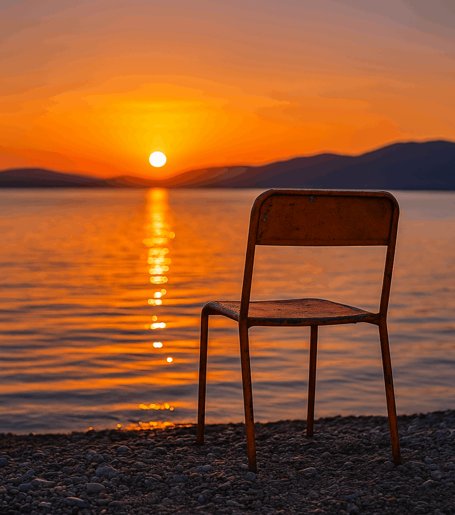 una sedia su una riva al tramonto in controluce con un cielo rossastro